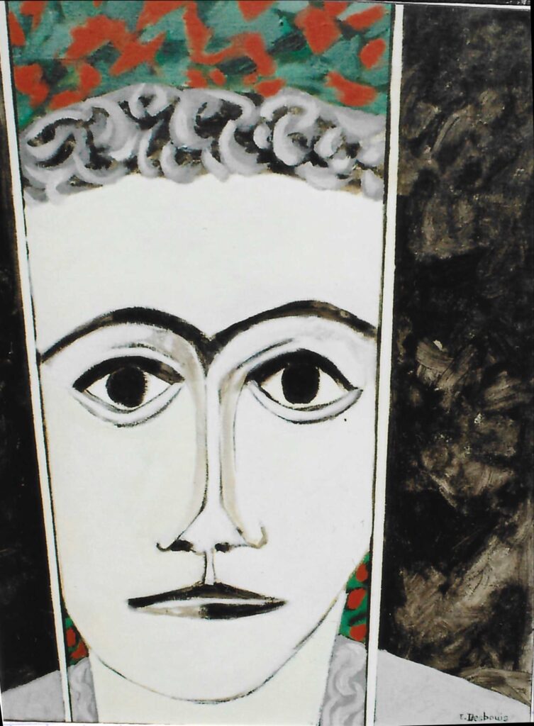 Visage d’homme de face, entre deux barreau blanc, fond noir sur le côté, ver et rouge en haut.
