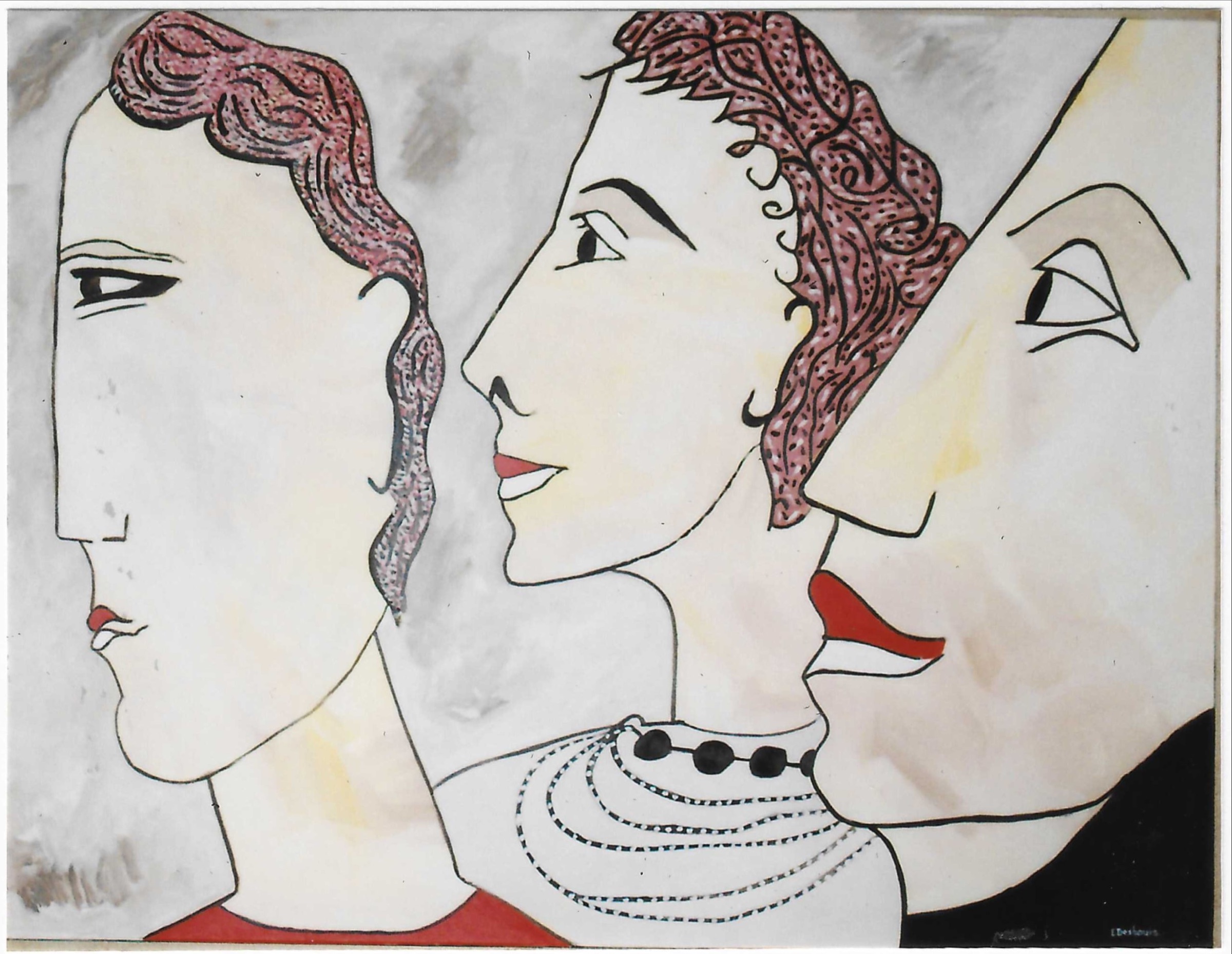 portrait de trois femmes de profil, celle au centre porte un collier multirangs