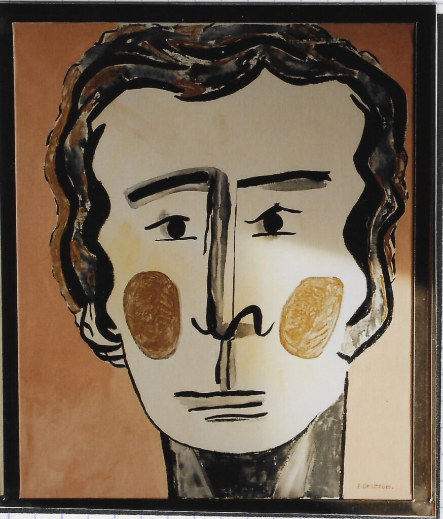 Peinture acrylique et encre dorure, cadre en acier patiné ; homme de face avec pommette dorées