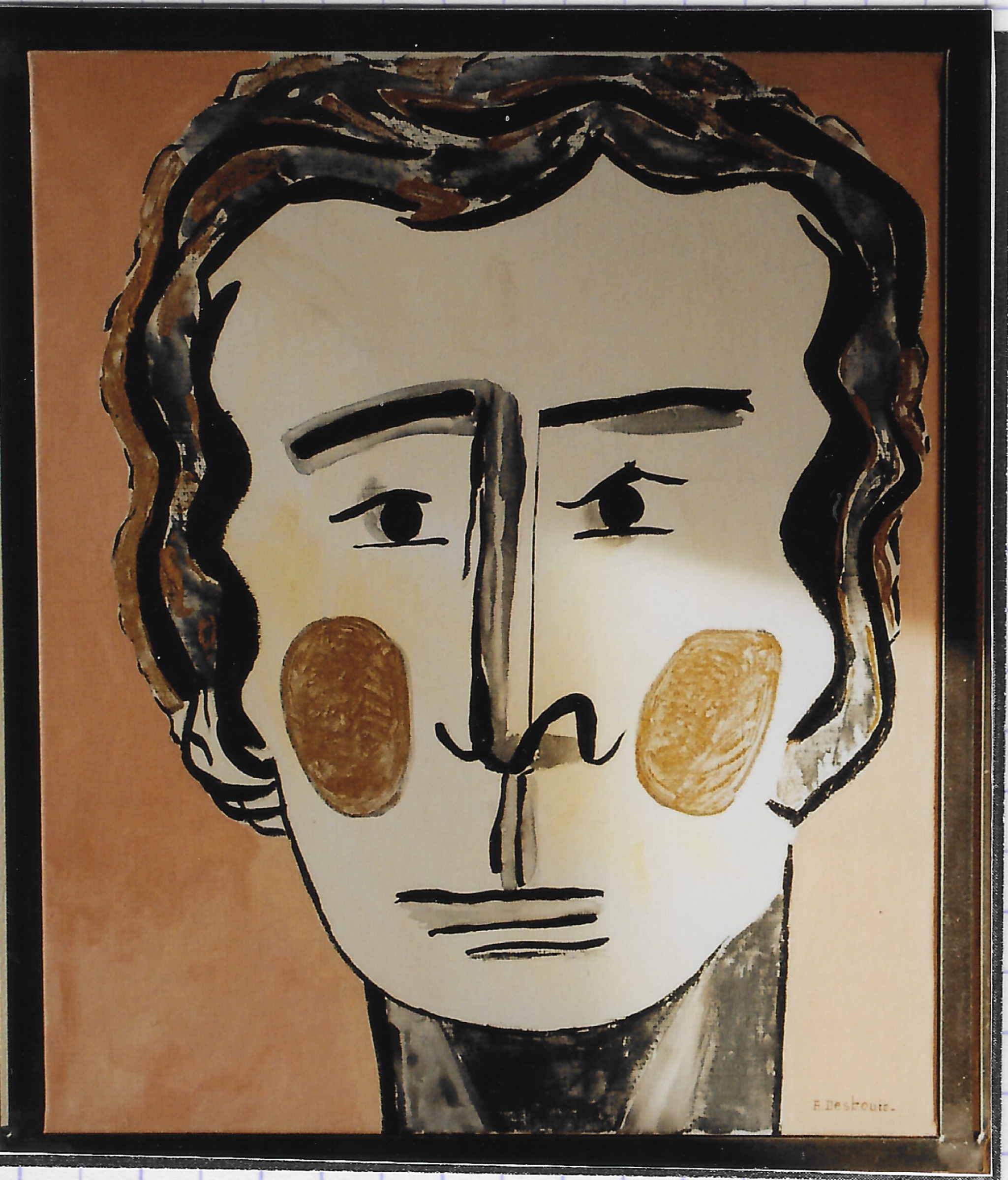Peinture acrylique et encre dorure, cadre en acier patiné ; homme de face avec pommette dorées