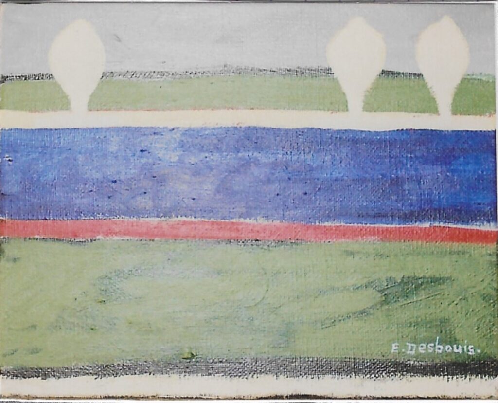 Alternance de bandes de couleur, vert, rouge, bleu, et trois arbres sur une bande écrue