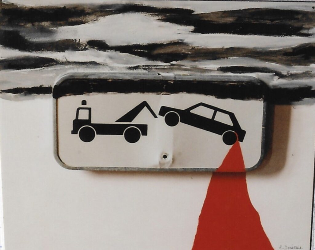 Contre-plaqué-métal, acrylique ; panneau dépanneuse, ciel gis/noir et traînée de rouge sortant de l’arrière de la voiture.