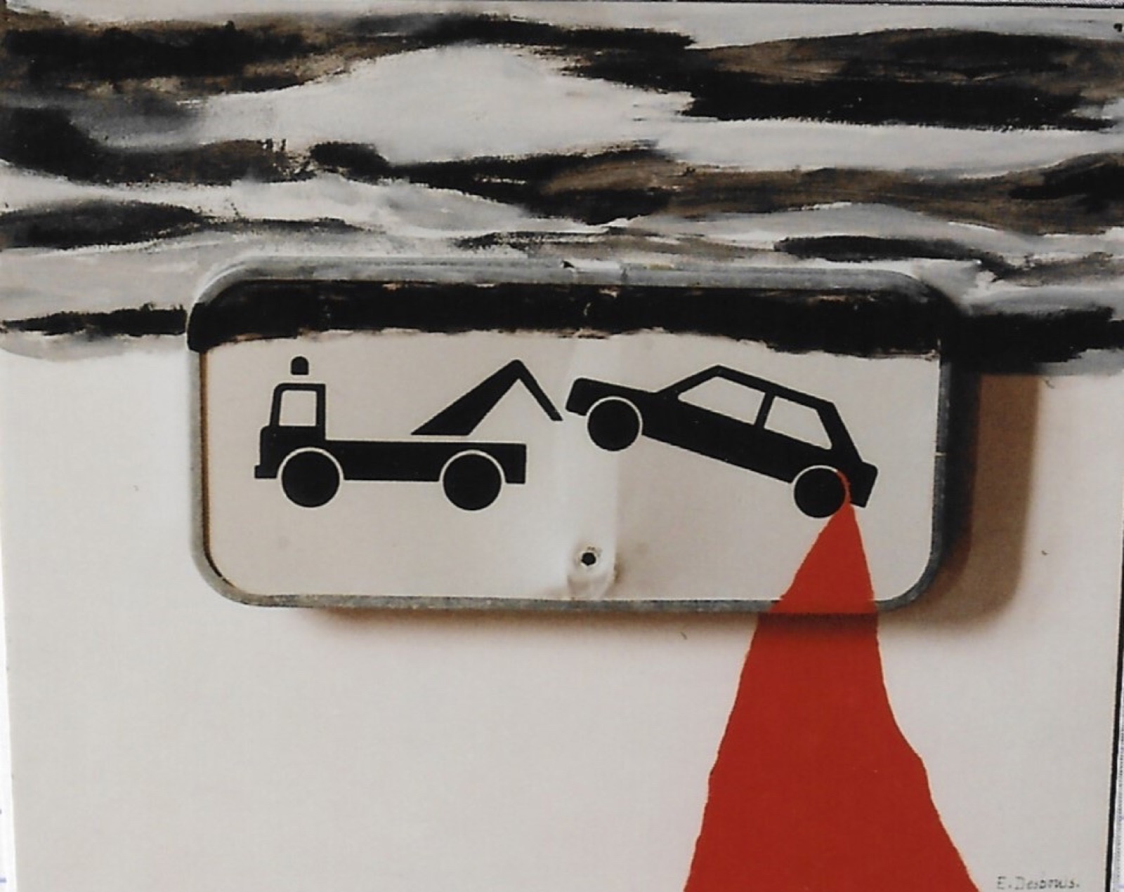 Contre-plaqué-métal, acrylique ; panneau dépanneuse, ciel gis/noir et traînée de rouge sortant de l’arrière de la voiture.