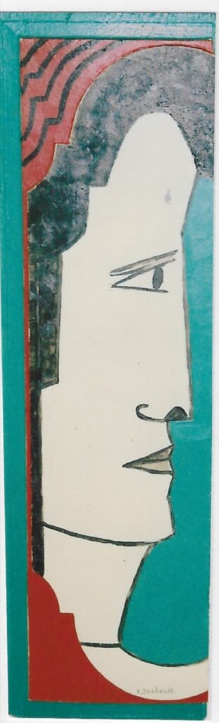 Femme,profil droit,derrière elle, vert devant