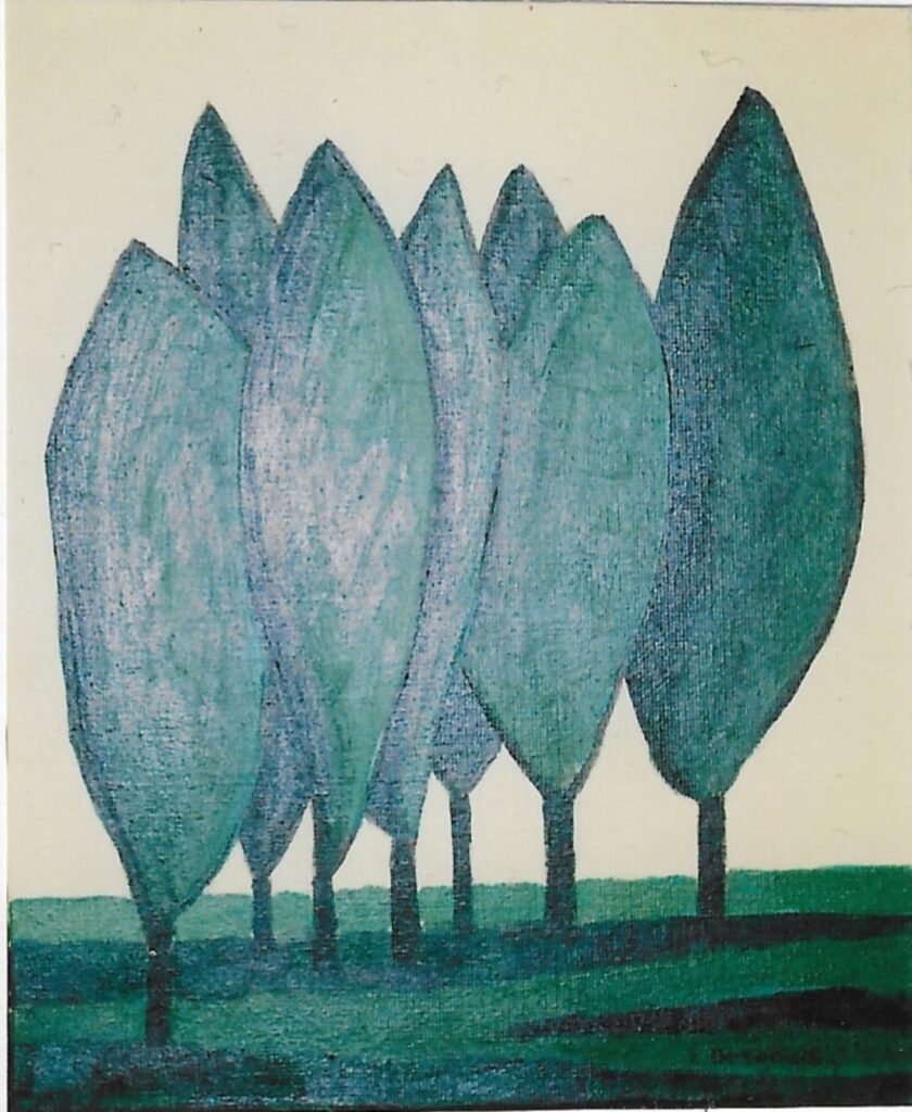 Arbres rassemblés sur fond écru et sol verts