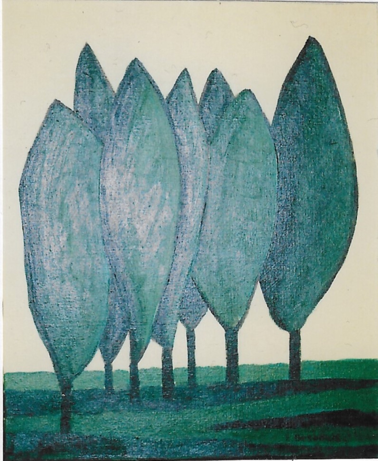 Arbres rassemblés sur fond écru et sol verts