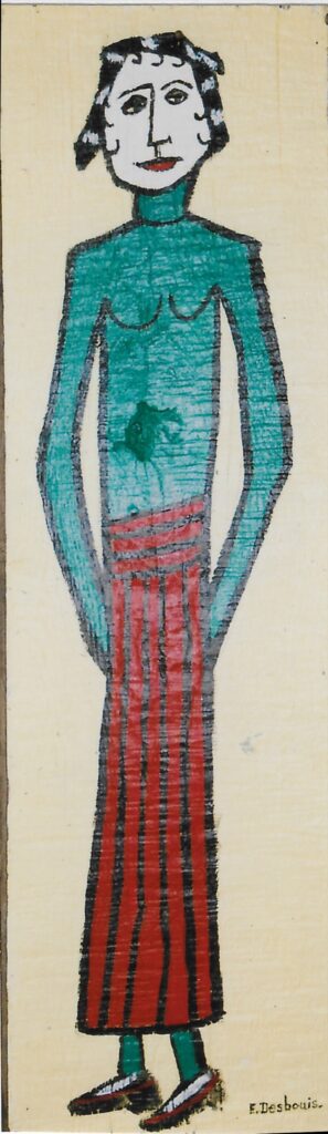 acrylique sur panneau bois sculpté ; habillée d’un haut vert et une jupe rouge rayée