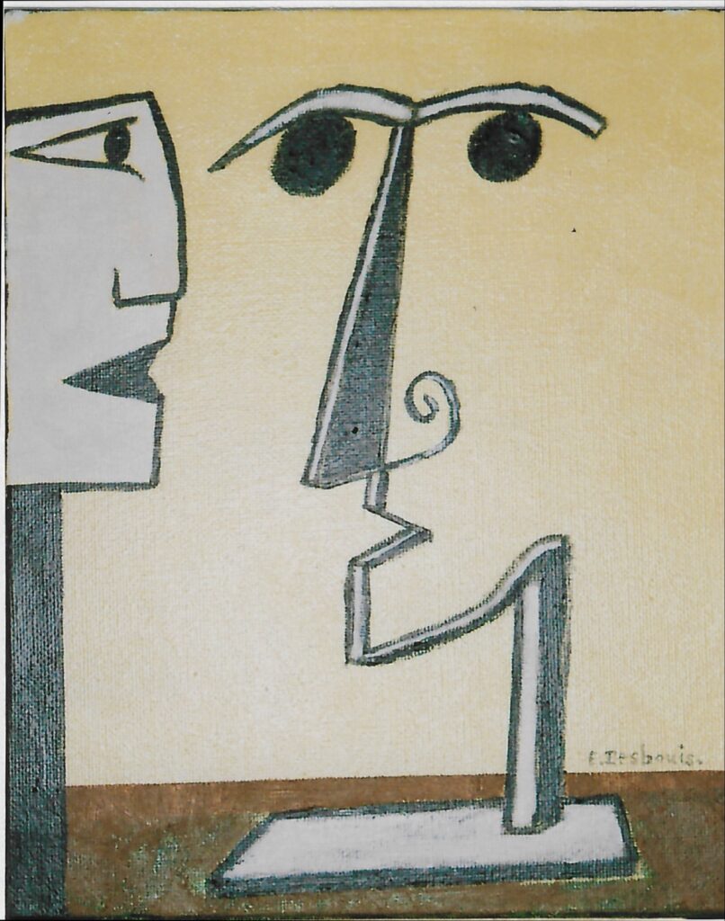 Stylisé, un rectangulaire, l’autre comme une sculpture, grand nez, yeux ronds