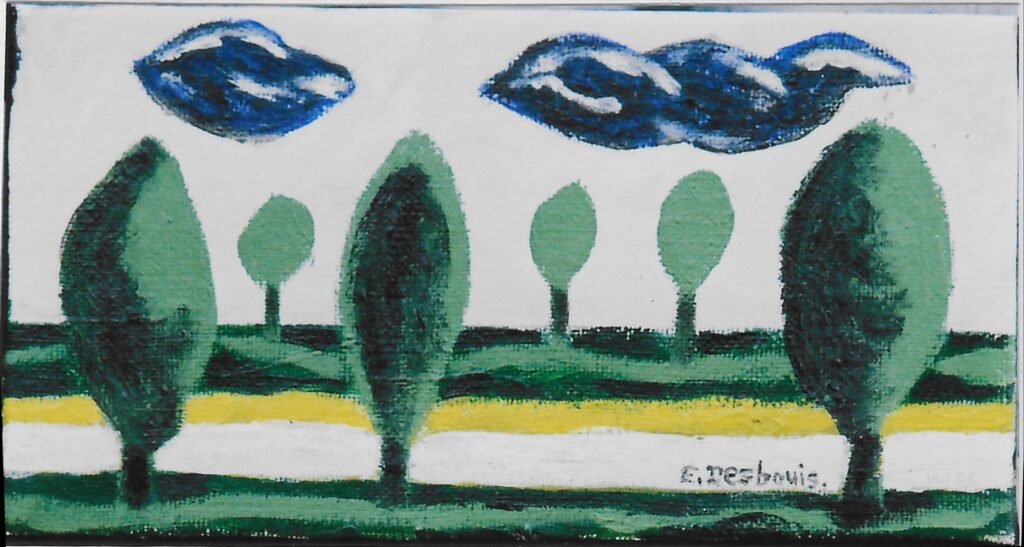 Trois arbres en premier plan, trois en arrière plan, deux nuages bleu et blanc