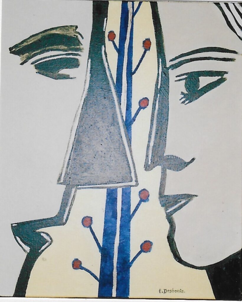 toile de lin, acrylique, dorure ; deux tiges bleu à fruits rouges entre les deux profils