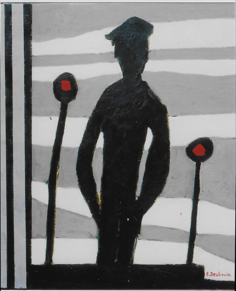 Silhouette homme noire, feu rouge unique de chaque côté.fond rayé gris/beige