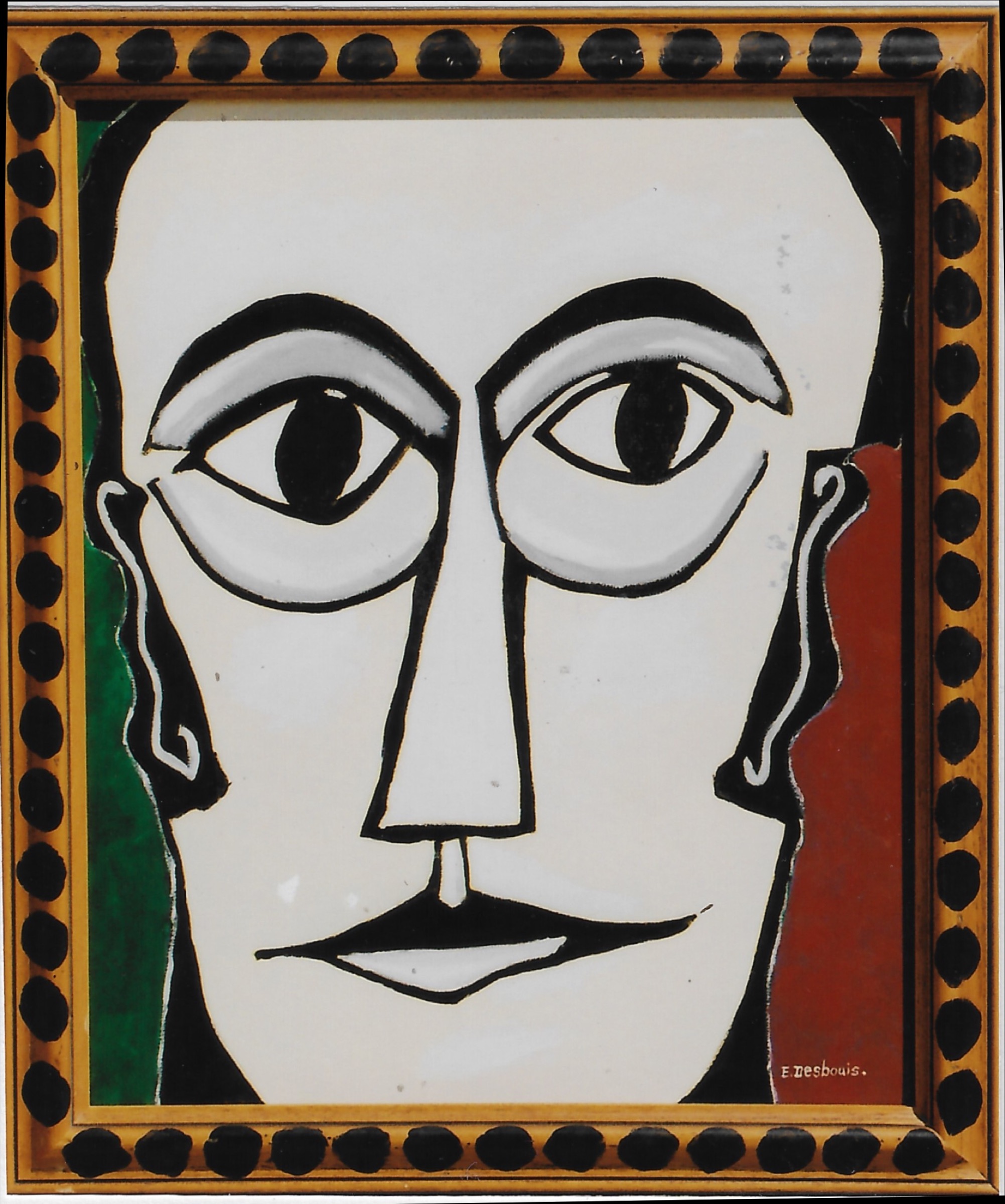 acrylique sur toile + cadre en bois peint ; portrait resserré, yeux cernés, fond vert à gauche, rouge à droite