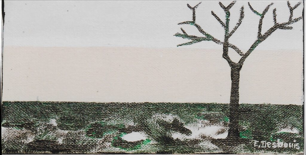 Un arbre nu à droite, fond écru, sol gris/noir/vert. Hiver