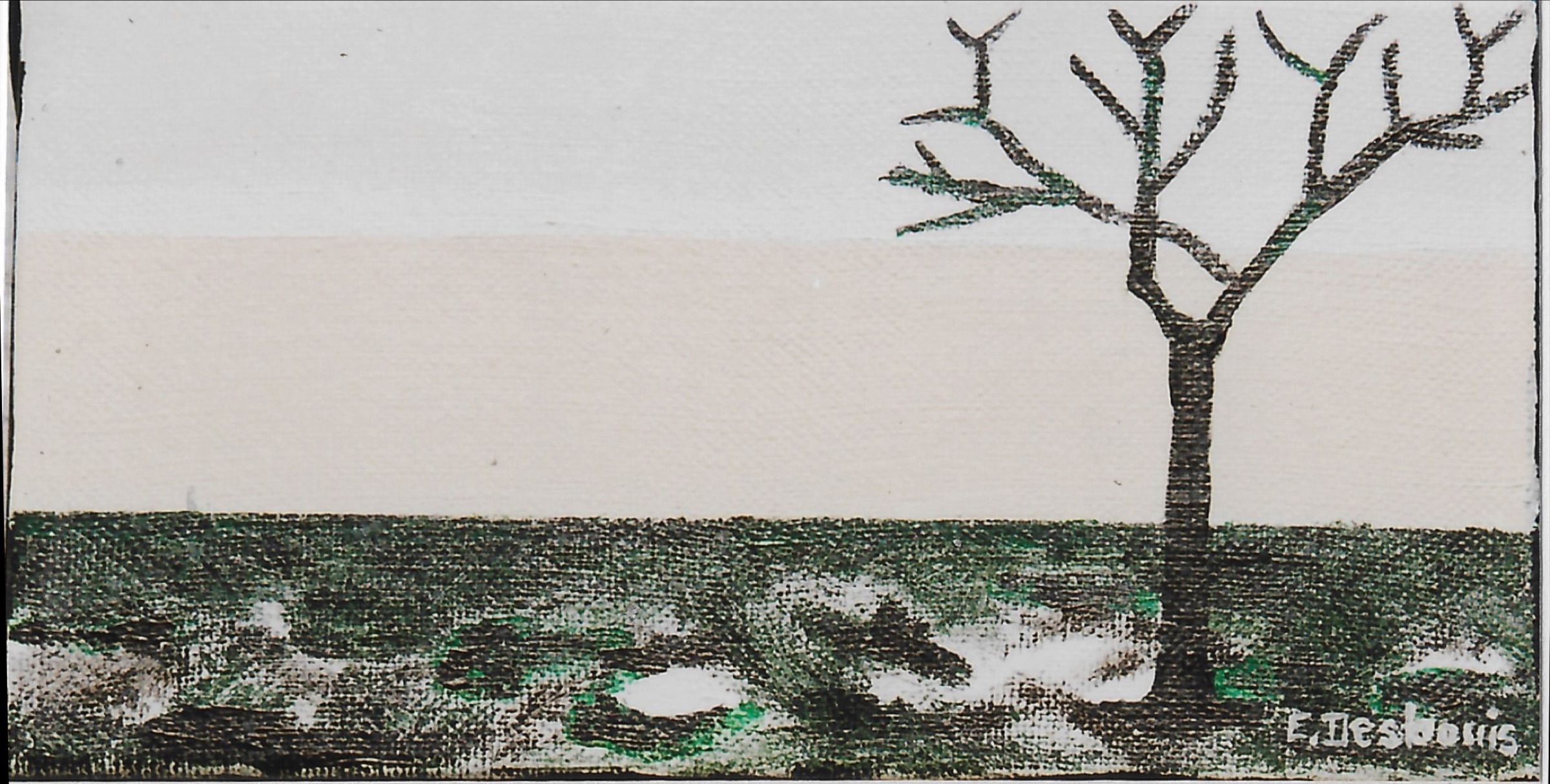 Un arbre nu à droite, fond écru, sol gris/noir/vert. Hiver