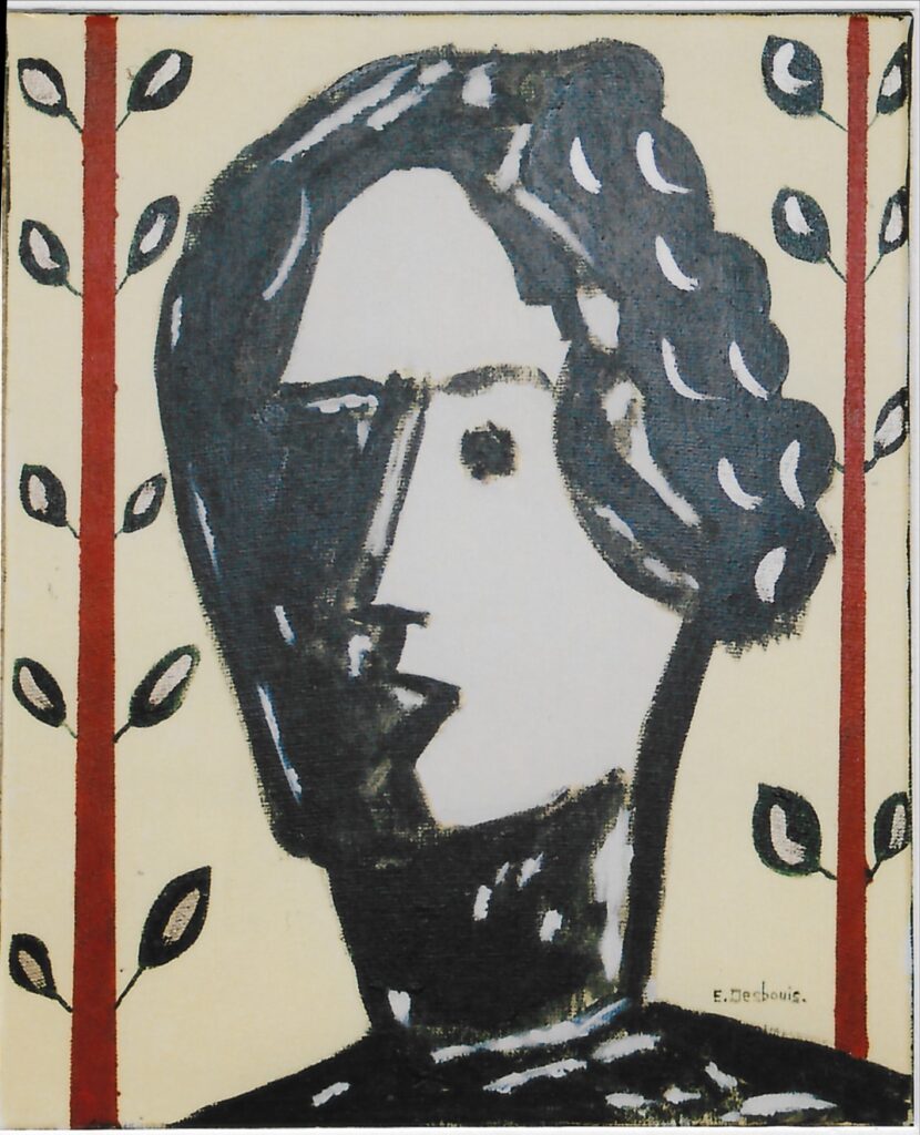 Portrait femme, une tige rouge de chaque coté avec feuilles noires et écrues fond beige