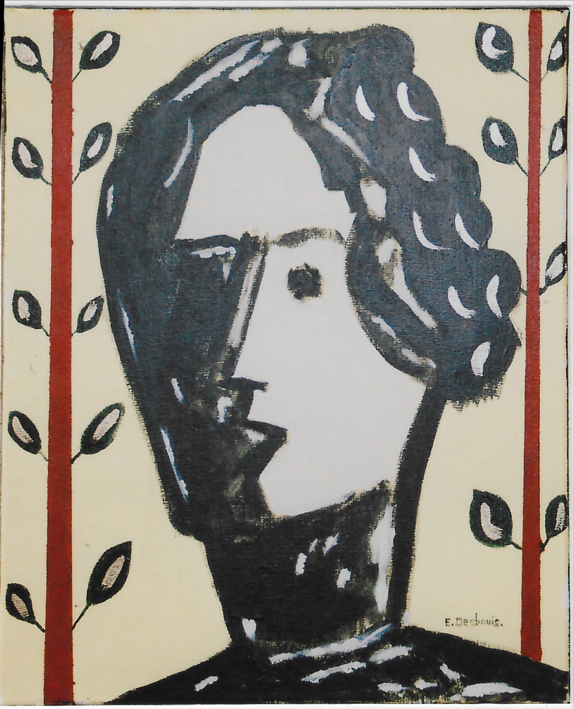Portrait femme, une tige rouge de chaque coté avec feuilles noires et écrues fond beige