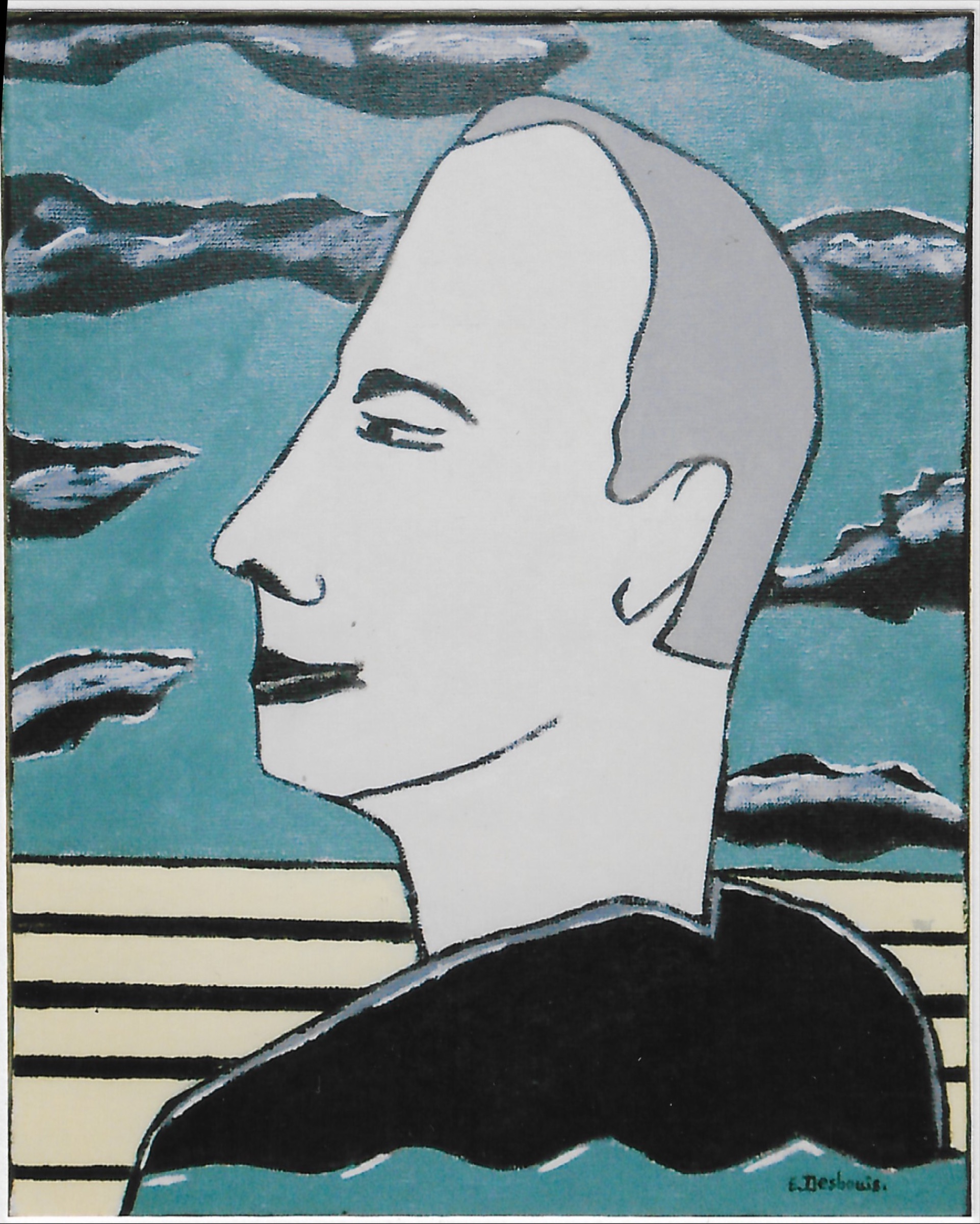acrylique sur lin ; buste de profil, fond turquoise avec nuages noirs et gris, et rayé écru et noir en bas