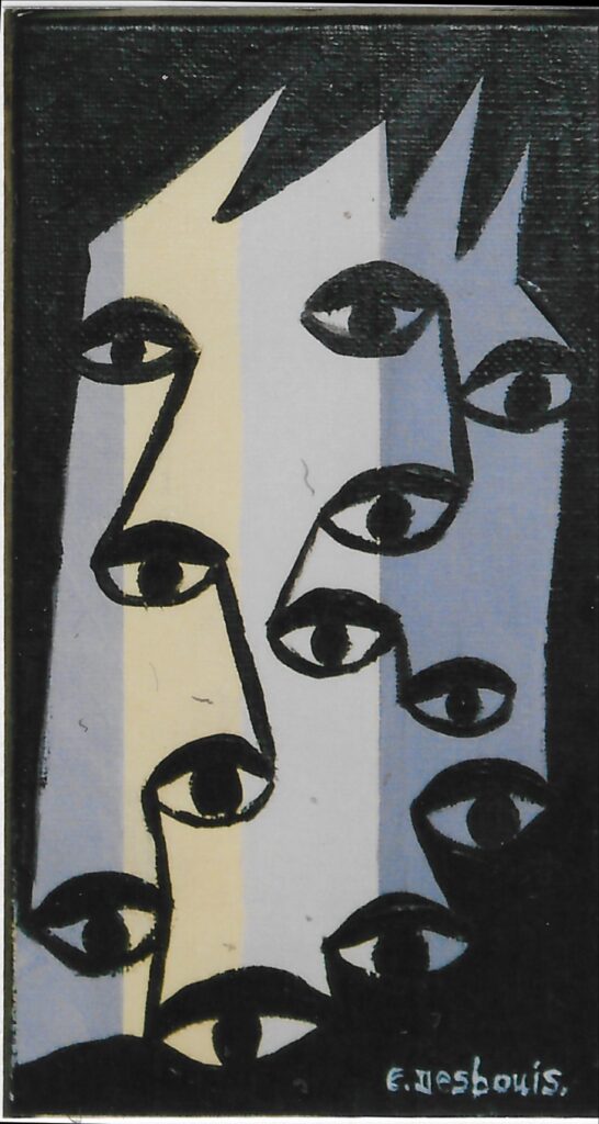 acrylique sur lin, yeux reliés au centre sur fond rayures verticales bleue, écru et beige, bords noirs