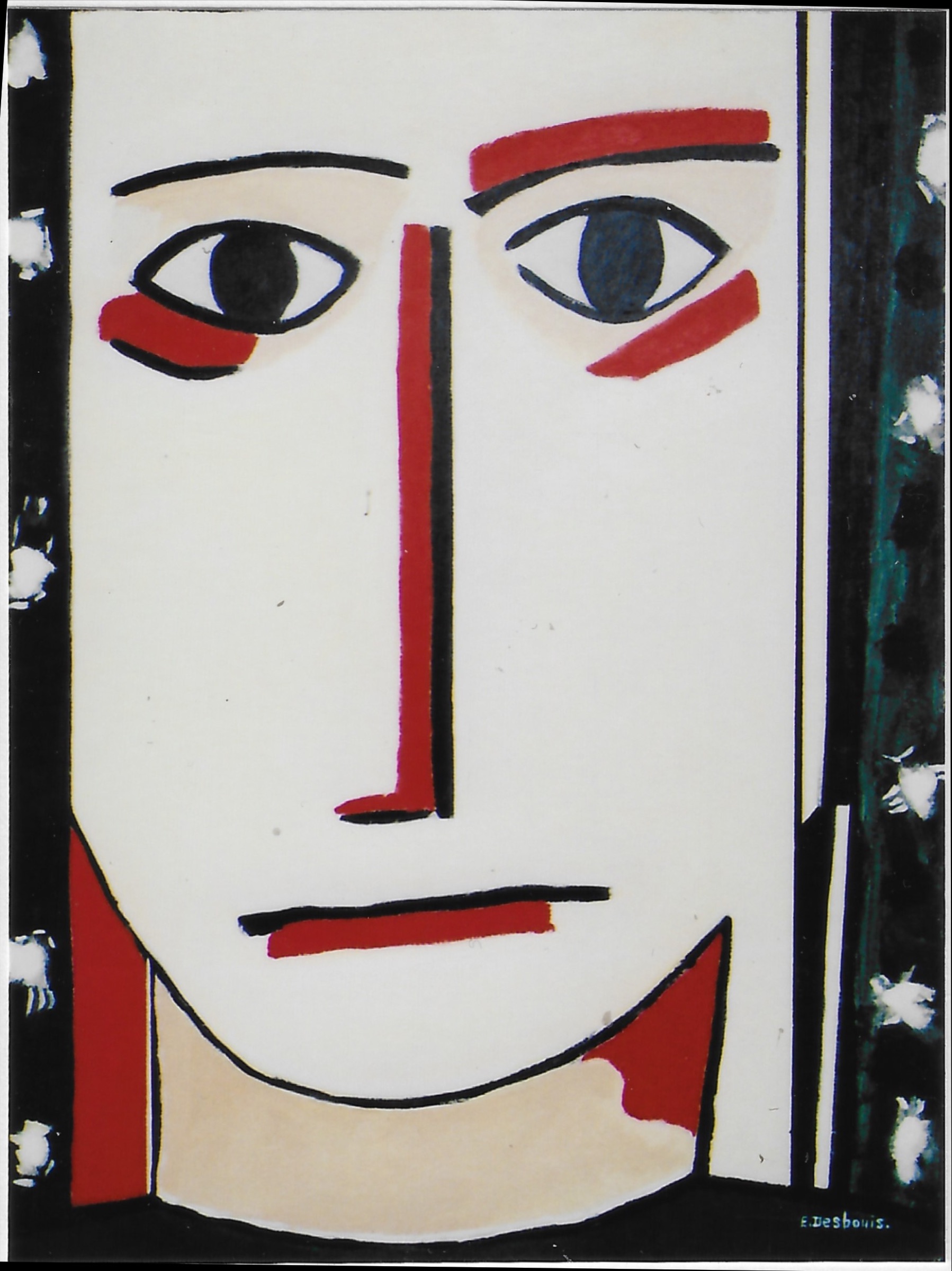Visage, traits soulignés de rouge, bord noir moucheté de blanc
