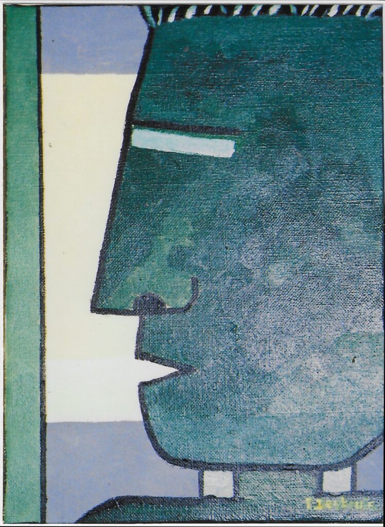 Profil gauche vert, nez droit, trait épais et gris pour l’oeil, fond, écru, bande verticale vert claire à gauche