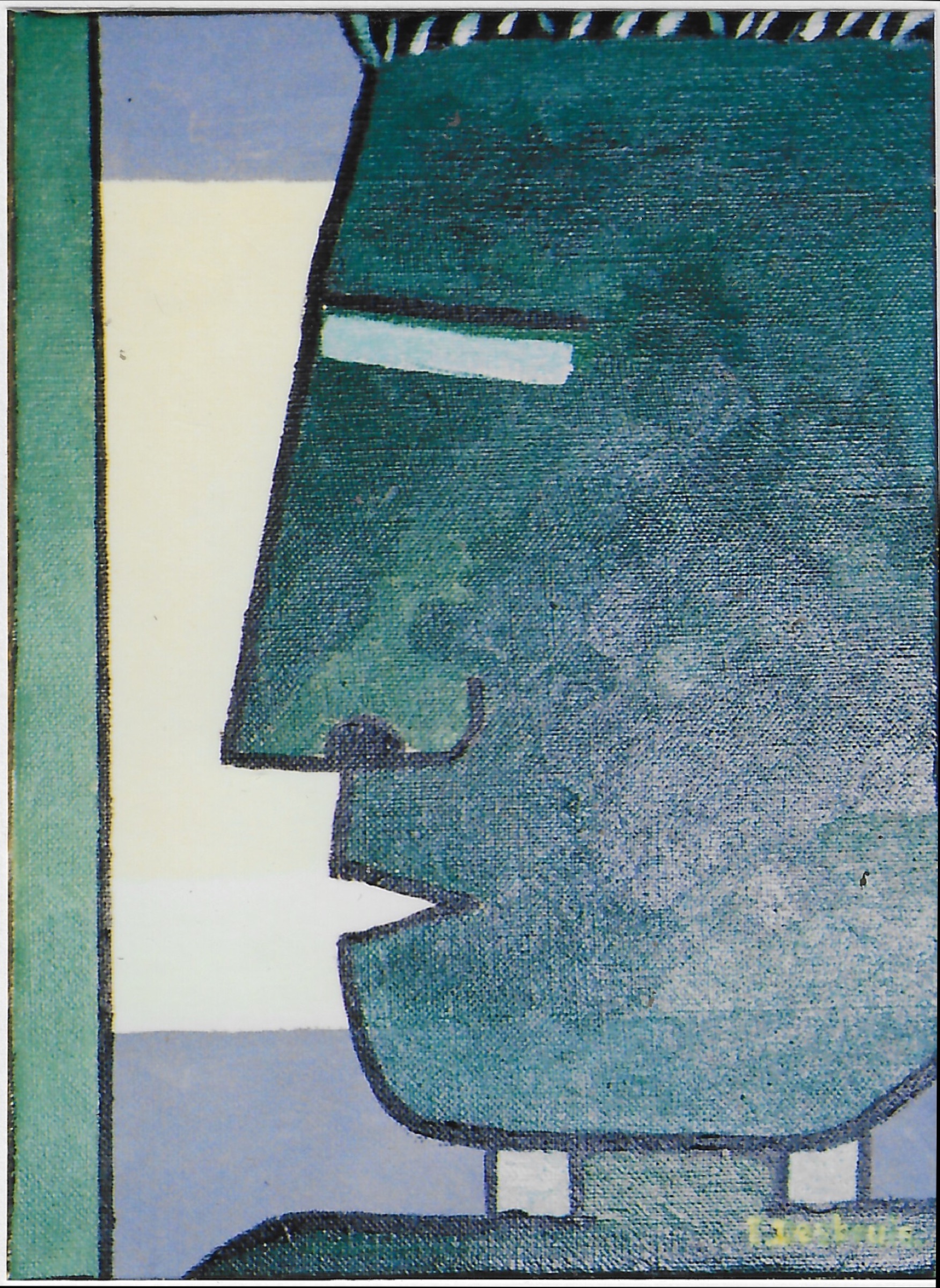 Profil gauche vert, nez droit, trait épais et gris pour l’oeil, fond, écru, bande verticale vert claire à gauche