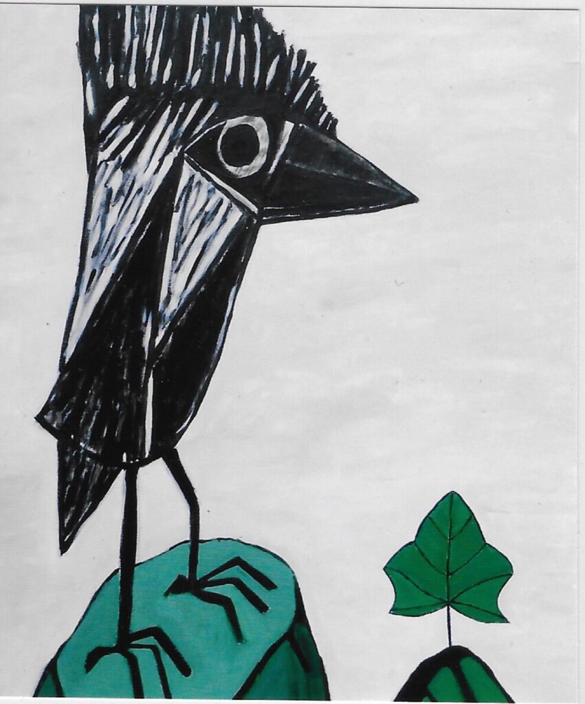 Oiseau debout sur un rocher + feuille en deuxième plan