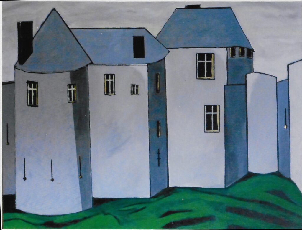 acrylique sur lin ; gros château gris, 6 fenêtres en hauteur, sol vert