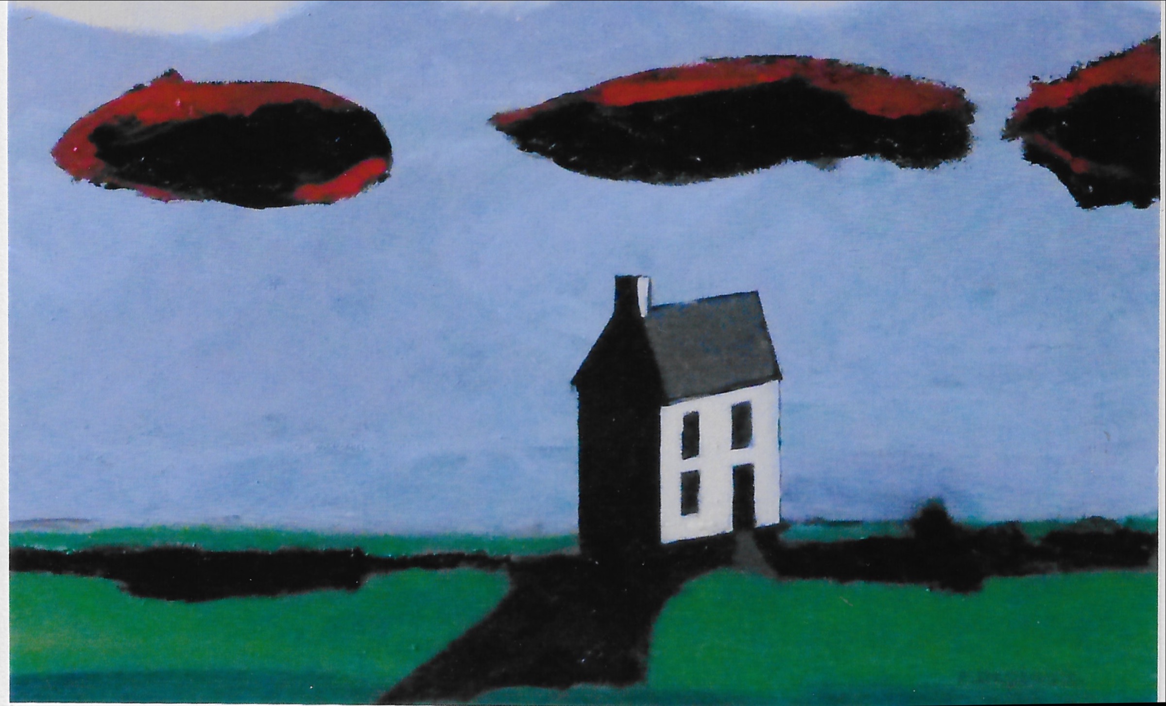 Maisonnette sur fond bleu et nuages rouges et noirs