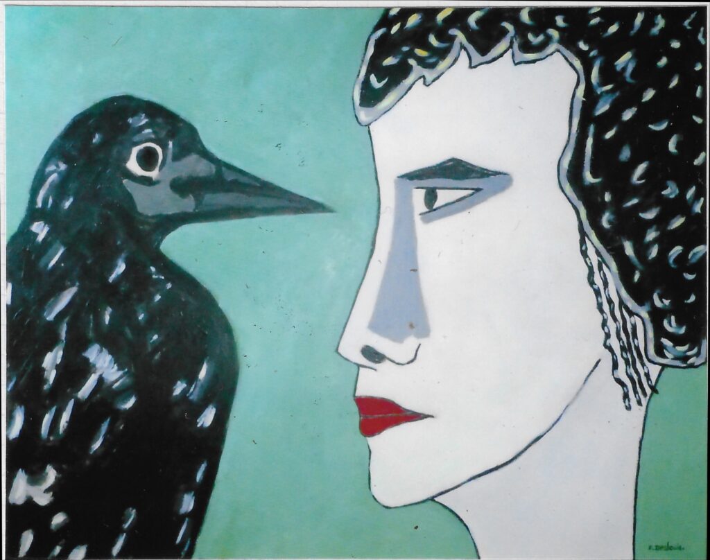 acrylique sur lin, un oiseau noir face à une femme