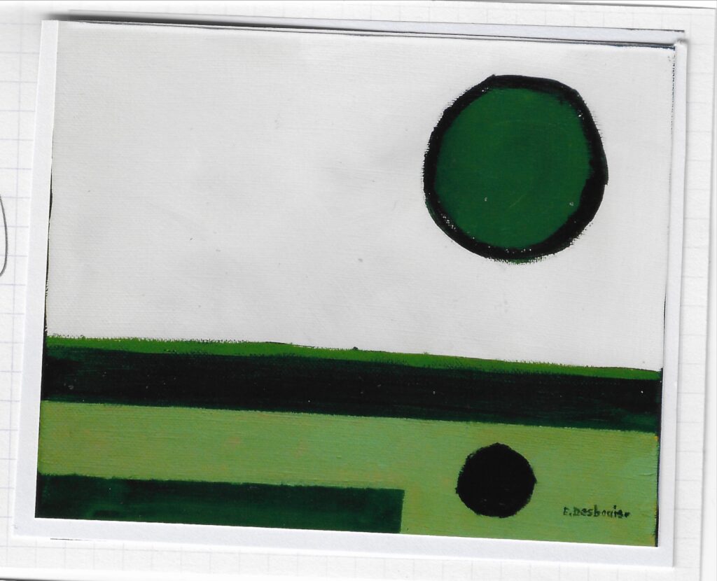 Bandes verte, noire et beige, un gros fond vert cerclé de noir sur le fond beige, petit rond noir en reflet sur le fond vert