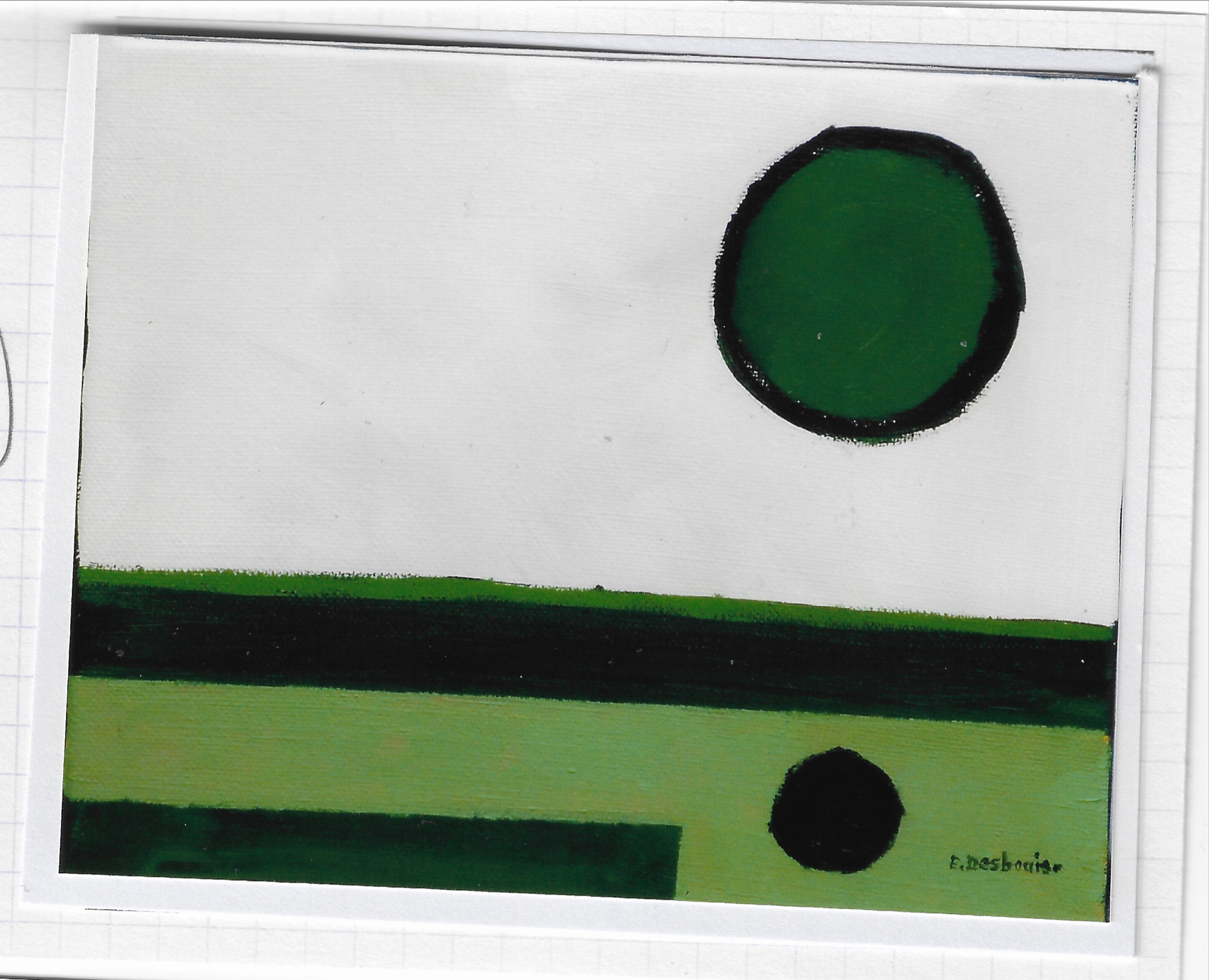 Bandes verte, noire et beige, un gros fond vert cerclé de noir sur le fond beige, petit rond noir en reflet sur le fond vert