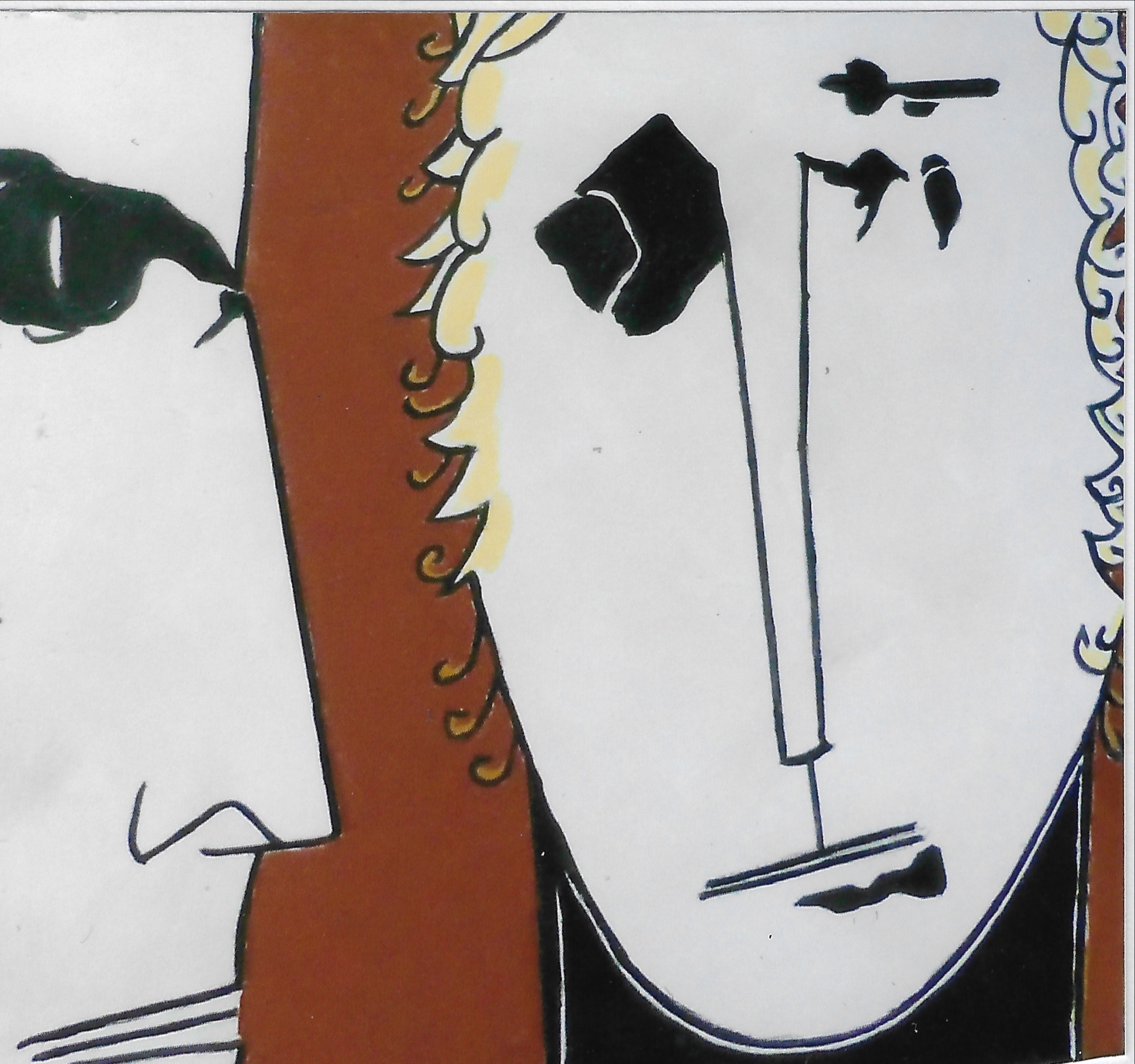 acrylique et peinture à l’ocre rouge sur toile ; oeils pochés, pers de face blond