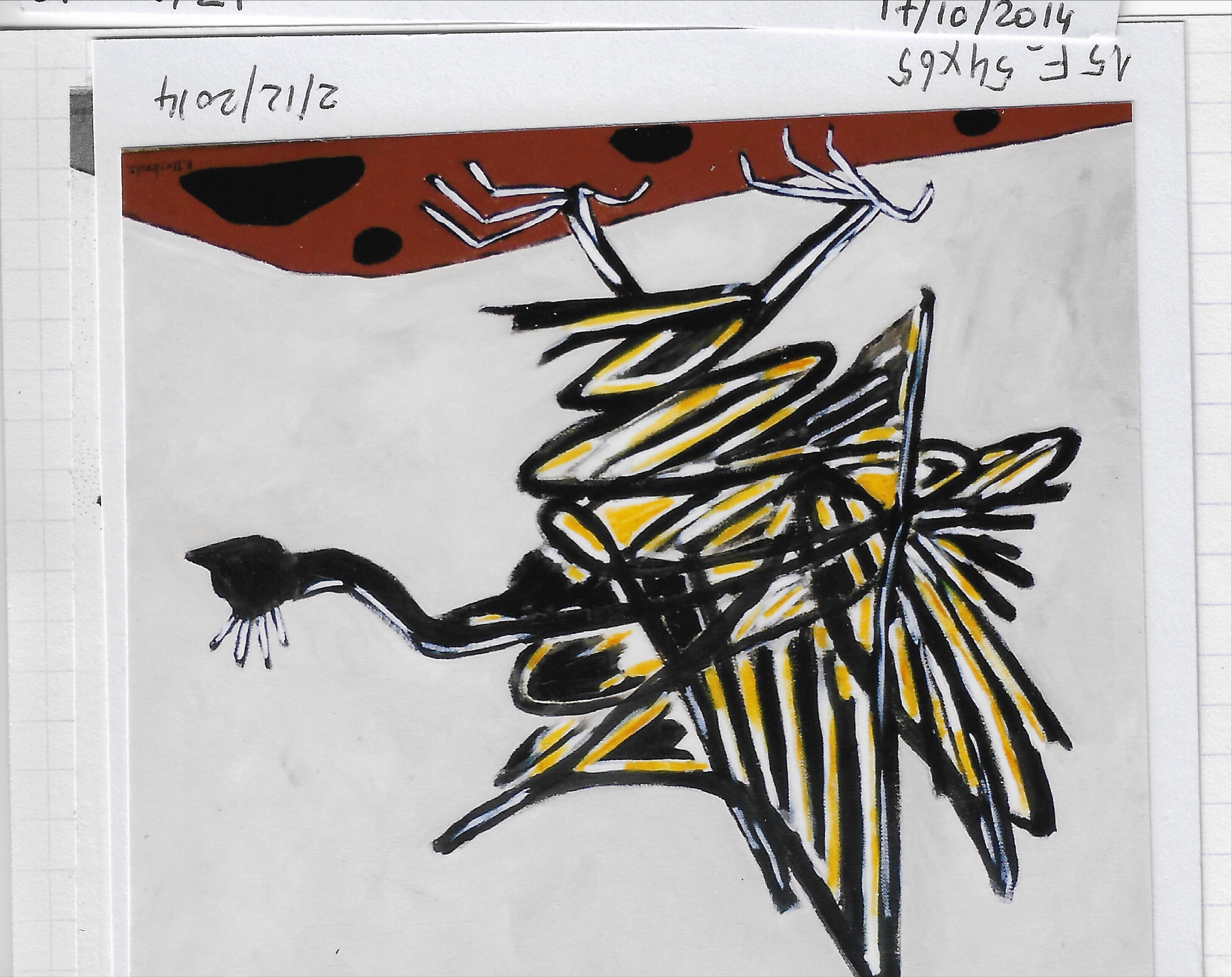 Oiseau à long cou, marchant vers la droite, corps et ailes destructurés rayés noir et jaune, sol rouge