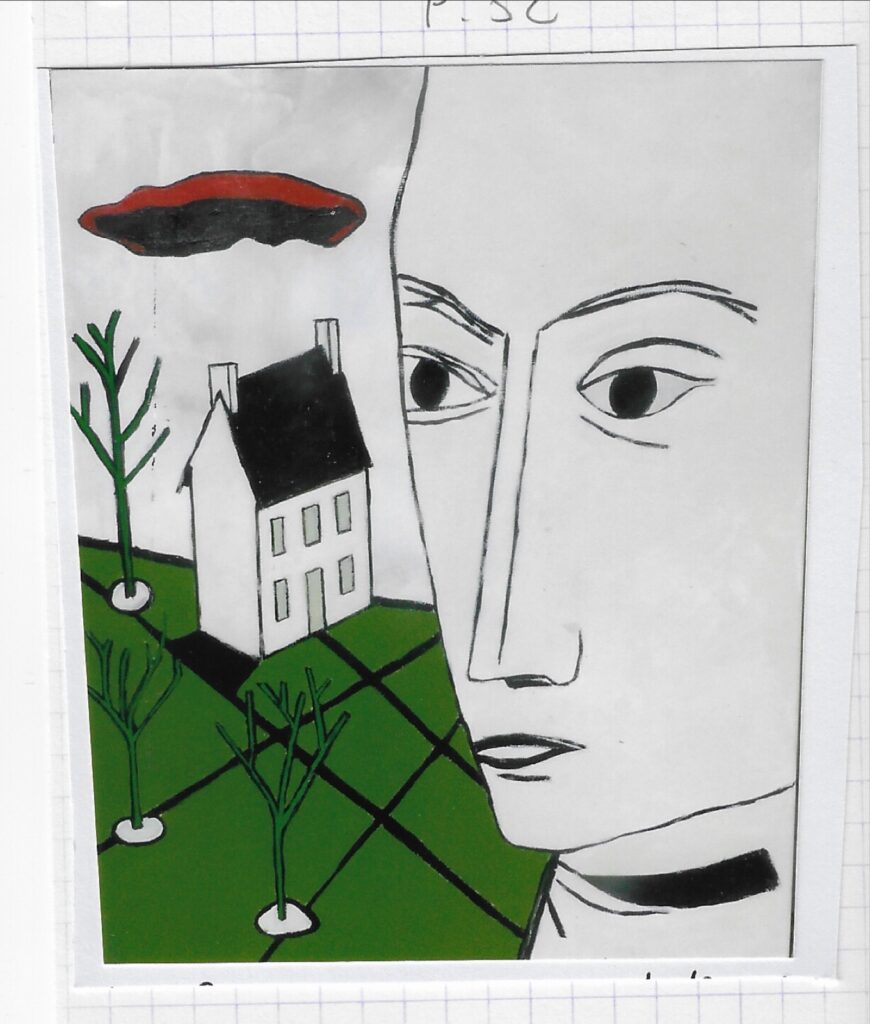1 homme et une femme de profil gauche sur fond doré, elle cheveu long et noir/blanc, lui blond, mi-long