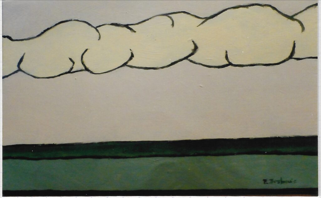 Paysage vide, sol vert et vert très foncé, ciel clair et 1 seul nuage horizontal jaune pâle