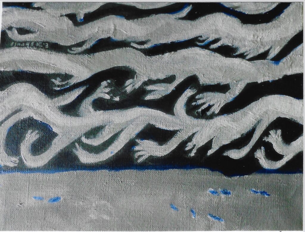 1 homme gris et triste, regard vague, visage avec juste yeux, nez et bouche verte, 2 feuilles au menton. Fond clair, blanc/jaune