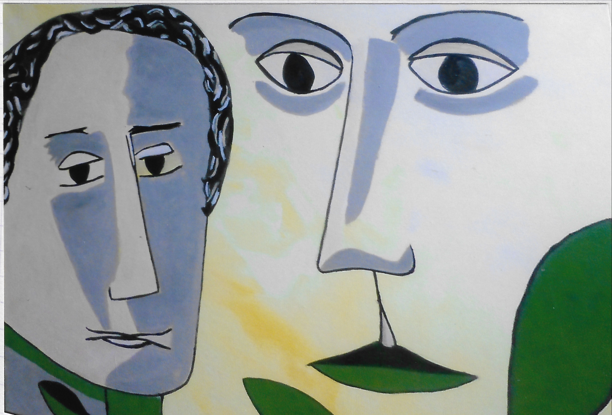 acrylique lin, contour du profil comme avec des bambous, nuage gris pour l’oeil sur tige feuillue, visage jaune