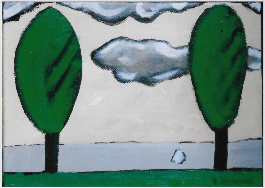 2 arbres sur 2 bandes, 1 verte, 1 grise, ciel ocre et nuages gris