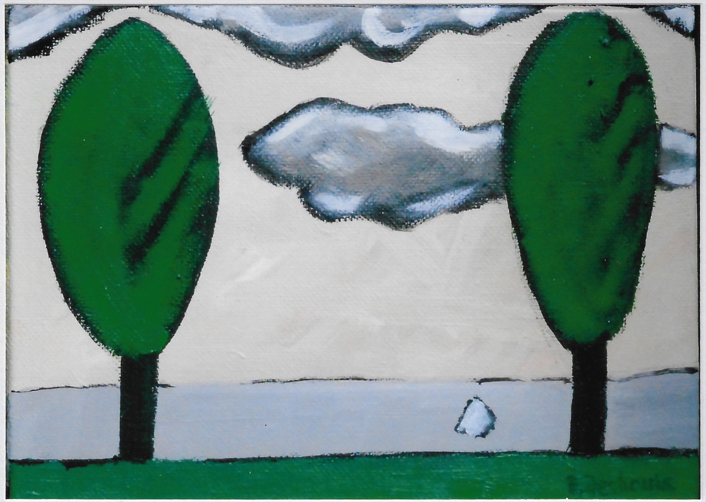 2 arbres sur 2 bandes, 1 verte, 1 grise, ciel ocre et nuages gris