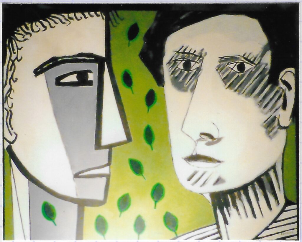 1 perso de profil droit regarde un perso de face qui semble perdu. Fond vert clair et petites feuilles volantes