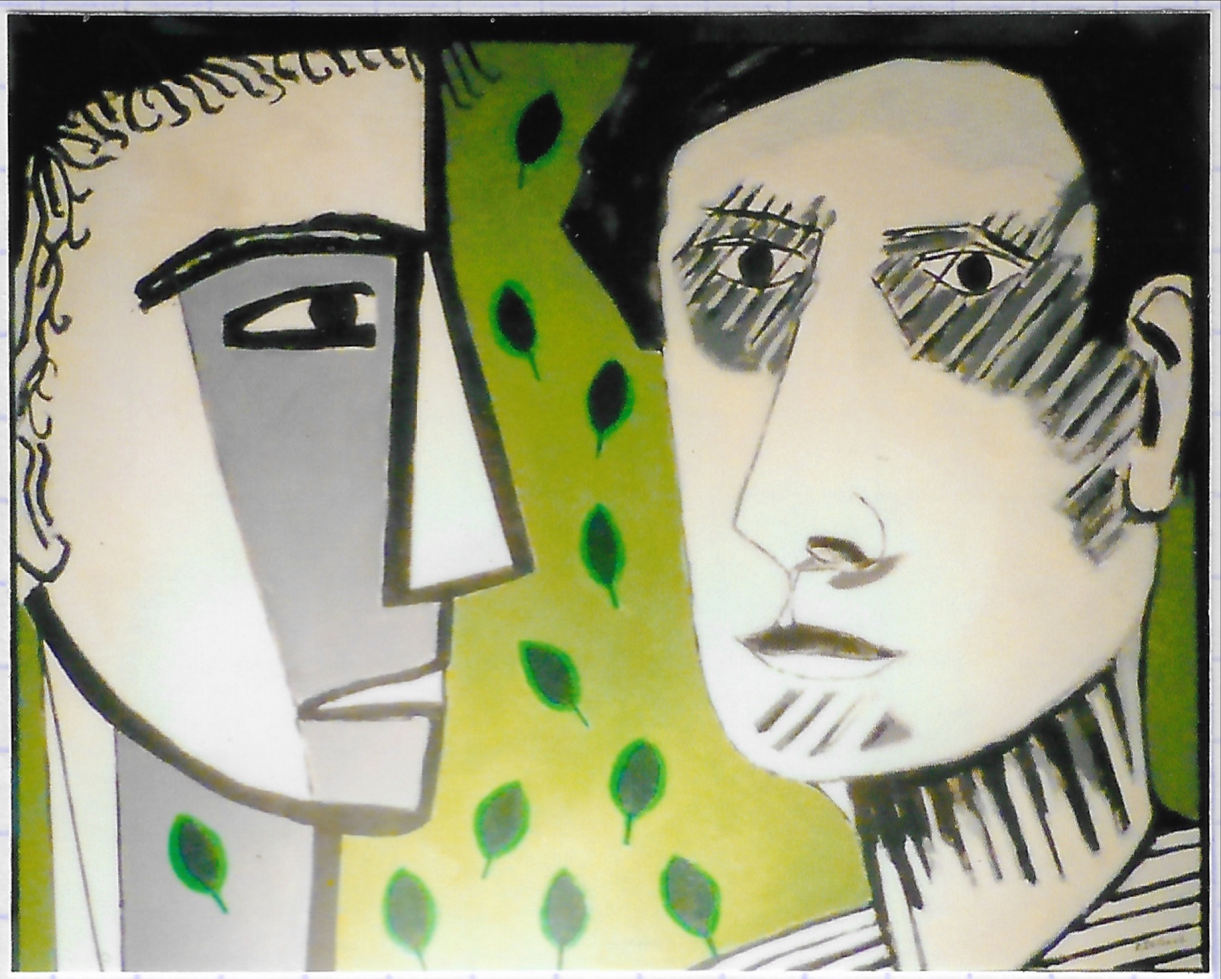 1 perso de profil droit regarde un perso de face qui semble perdu. Fond vert clair et petites feuilles volantes