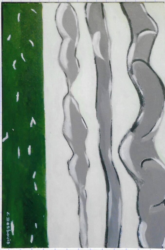 acrylique toile, buste, vêtement rayures verticales, fond vert avec des volutes blanches et rouges ; Cadre sculpture fer plat et large