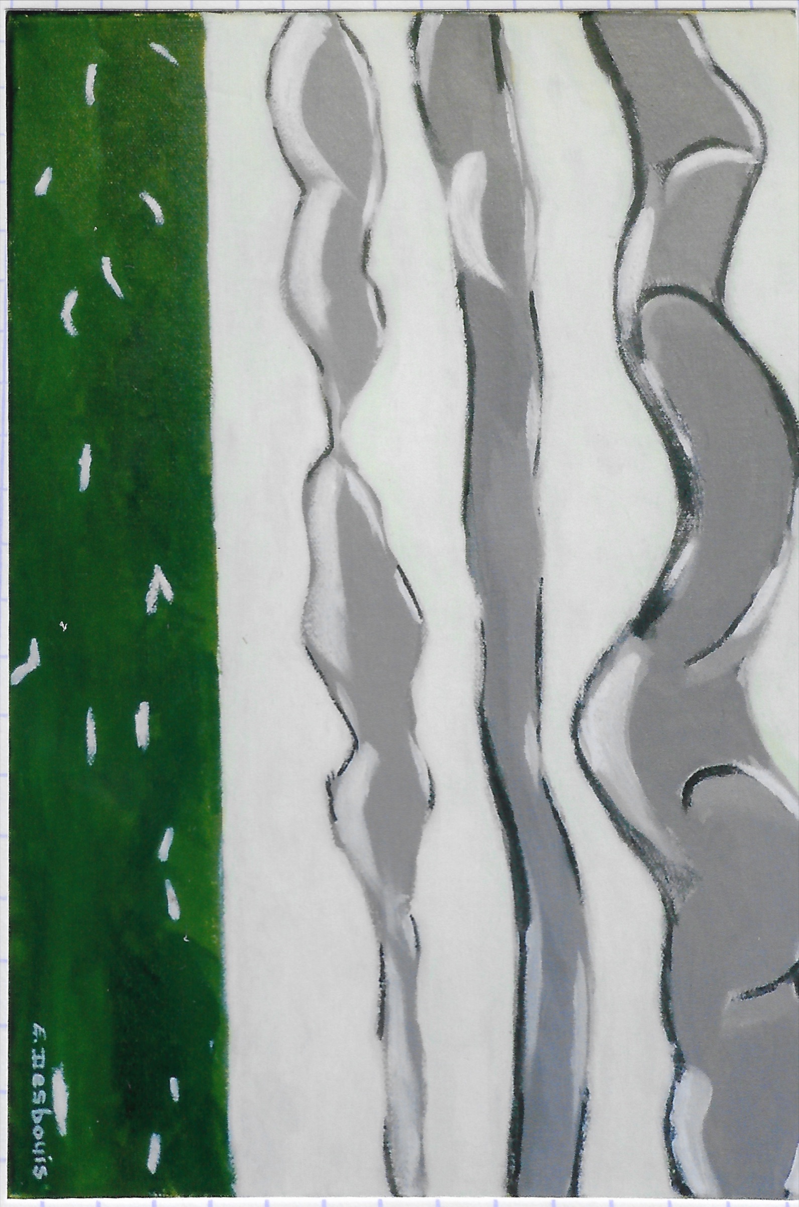 acrylique toile, buste, vêtement rayures verticales, fond vert avec des volutes blanches et rouges ; Cadre sculpture fer plat et large