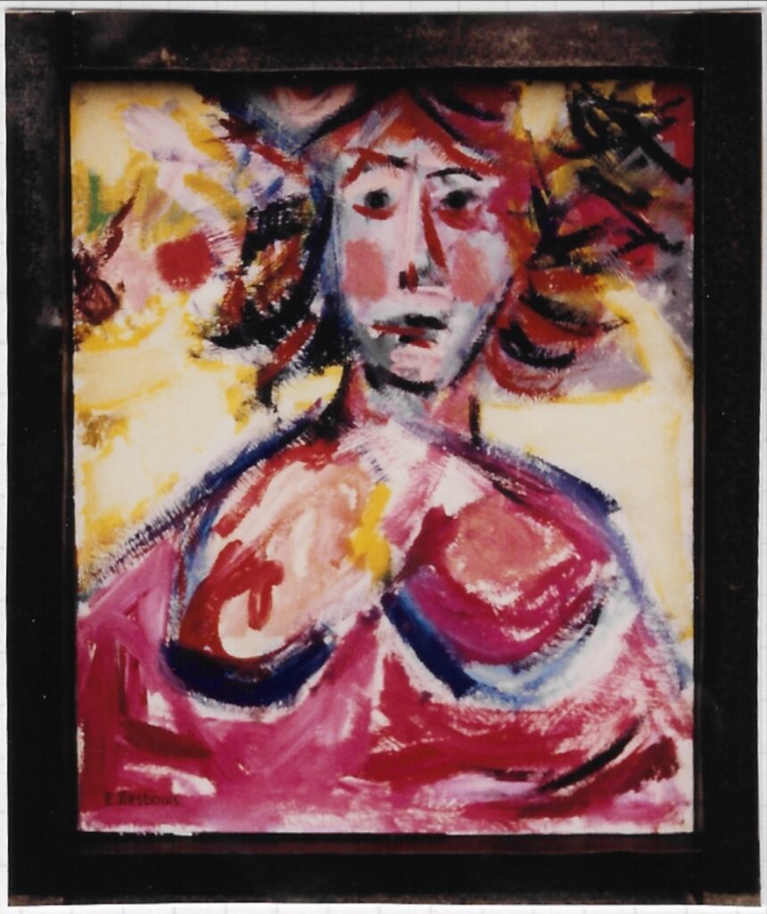 Buste femme, tons rose et bleu, poitrine soulignée, échevelée, fond jaune