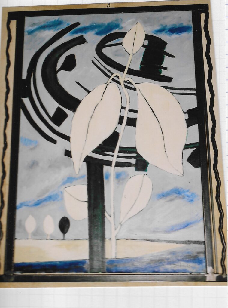 Tige feuillue blanche enchevétrée avec sculpture noire sur tige, 3 arbres (2 blanc, 1 noir, en arrière plan ; cadre sculpture acier patiné