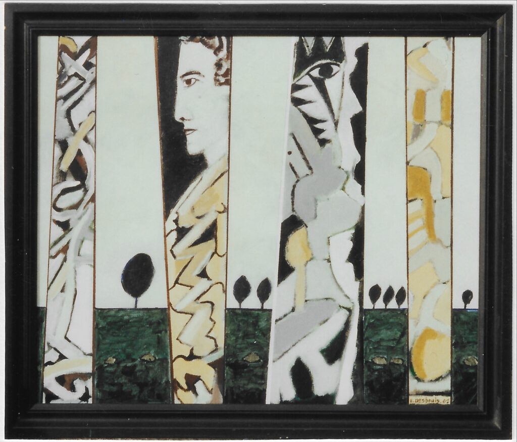 4 bandes avec soit dessins abstraits et un personnage de profil, les 7 feuilles s’intercalent entre les bandes.
