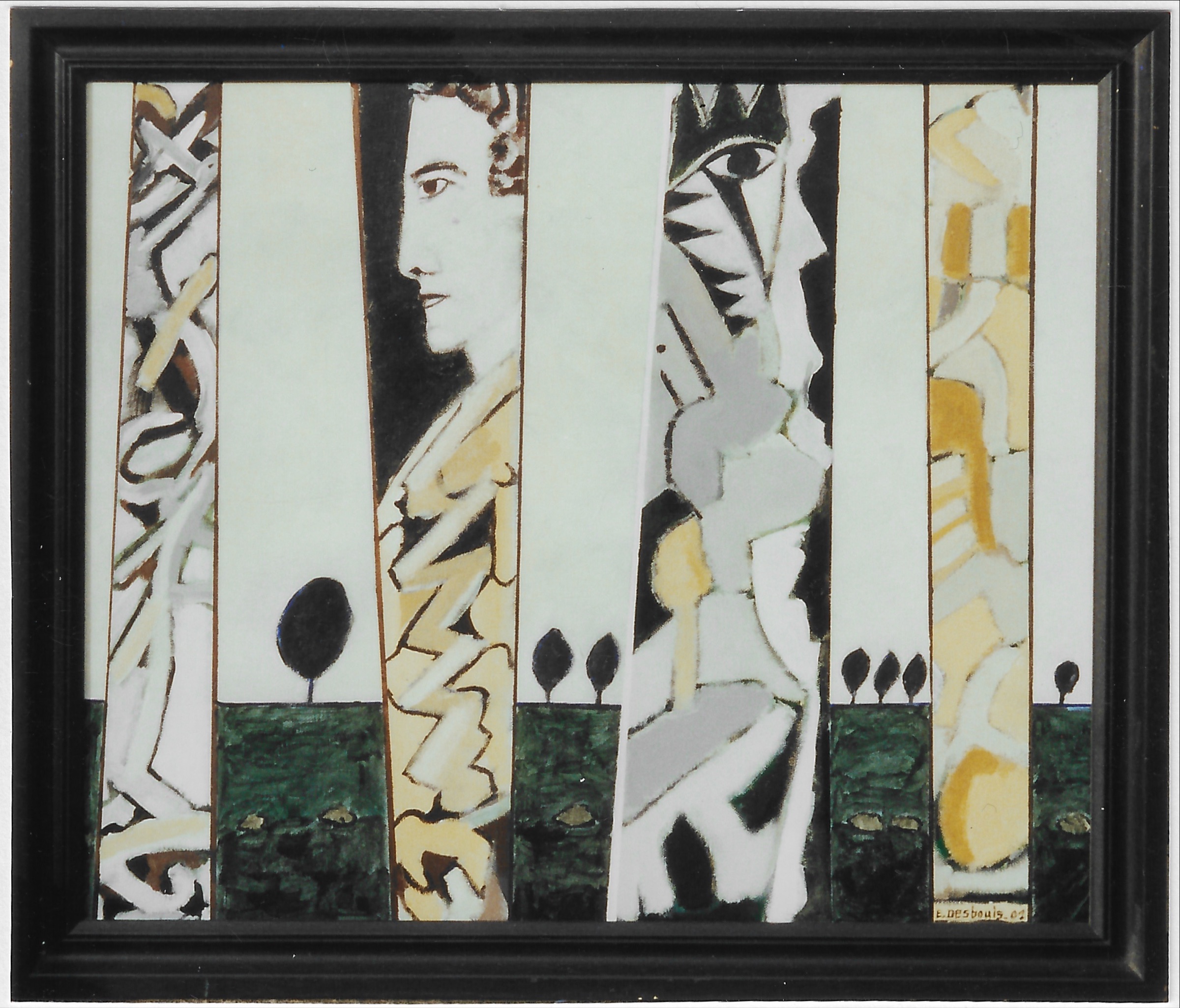 4 bandes avec soit dessins abstraits et un personnage de profil, les 7 feuilles s’intercalent entre les bandes.