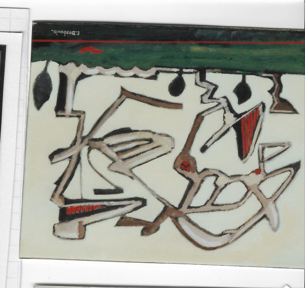 Enchevètrement de lignes claires, avec 2 gueules rouges, 3 feuilles en arrière plan, sol vert avec ligne horizontale fine rouge