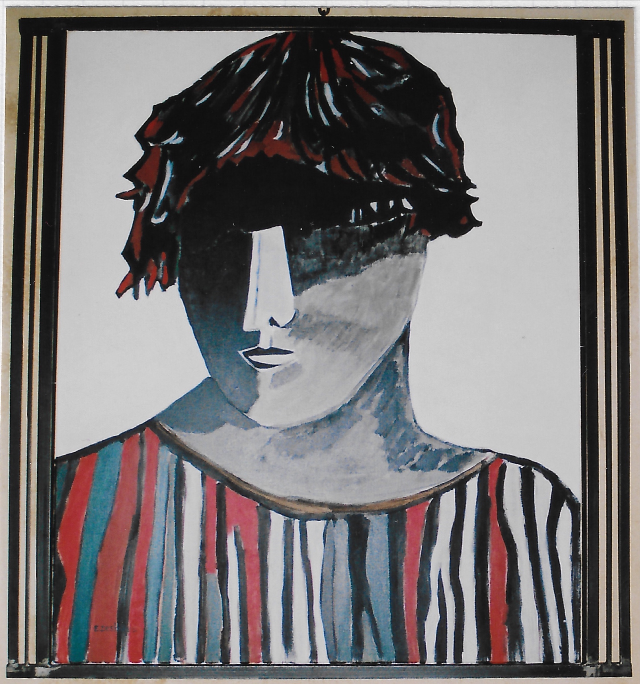Buste personnage grec, regard caché par ombre, nez droit clair, vêtement rayures verticales, rouge, noir, blanc ; cadre acier patiné plat, 3 fer plat de chaque côté