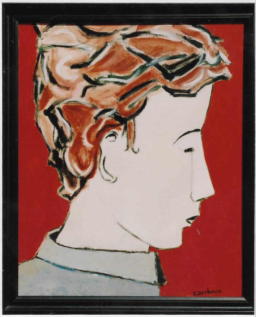 Fond rouge, profil gauche nez droit, col gris, cheveu court ocre rouge et noir